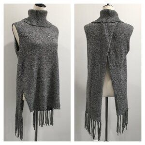 BCBGENERATION Gray Black Knit High Low Fringe Hem Open Back Turtleneck Sweater